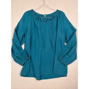 Old Navy Women Teal Blue Cotton Long Sleeve Peasant Blouse Boho Tie Neck Large